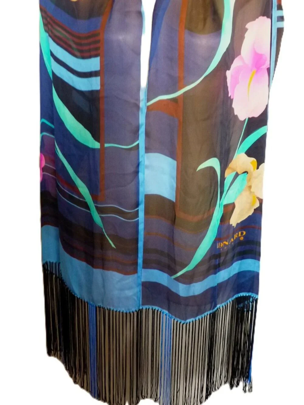 Leonard Paris Floral chiffon silk scarf w/fringe